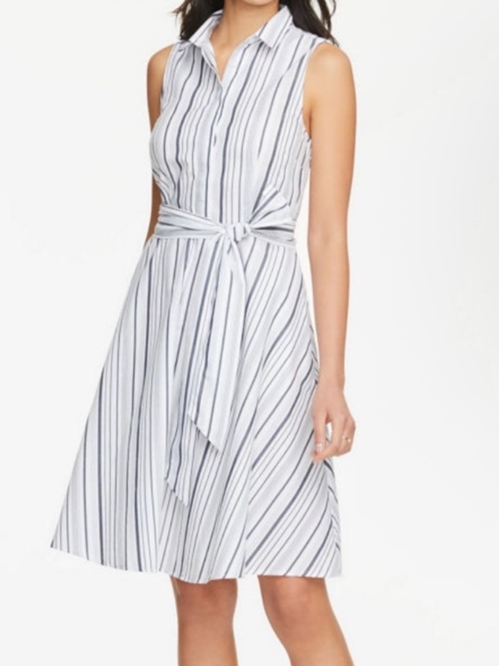 Ann Taylor Factory Petite Striped Tie-Waist Sleeveless Shirtdress | Size 0 |